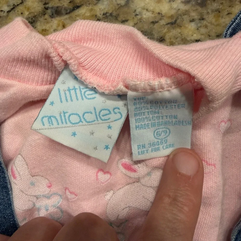 Little Miracles Girls Bunny Hop Denim Overall Bloomers and Pink Top Set 6/9M